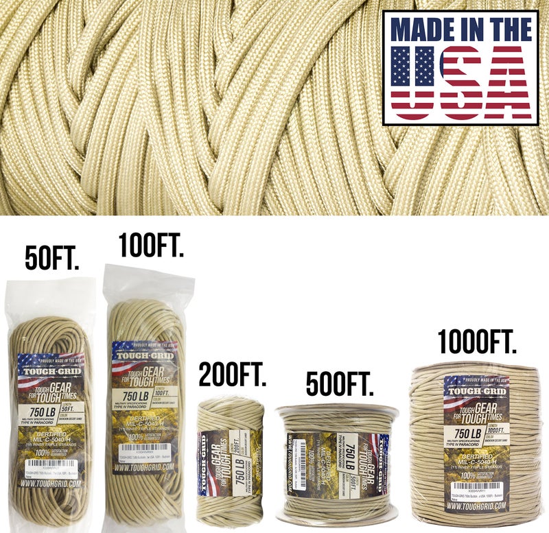 TOUGH-GRID 750 Paracord Rope Nylon Parachute Cord, Made in USA Survival Kit, Outdoor Adventures, Camping, Tactical Gear & Emergency Supplies, Military Type IV Mil-Spec - Image 2